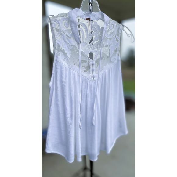 FREE PEOPLE White Western Crosshatch Mesh Tie Front Blouse Size XS - Picture 7 of 11